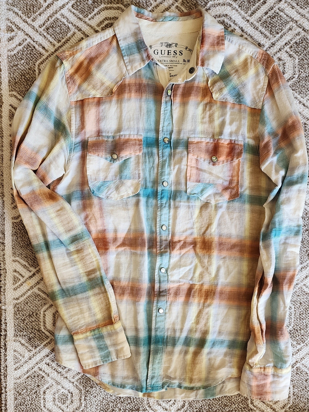 GUESS Men's Plaid Button-Down Shirt in Cream, Blue & Brown